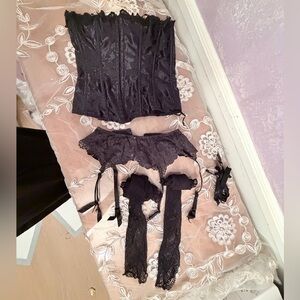 Vintage Victoria's Secret Stunning Black Satin Corset w Garter/belt & Fishnets